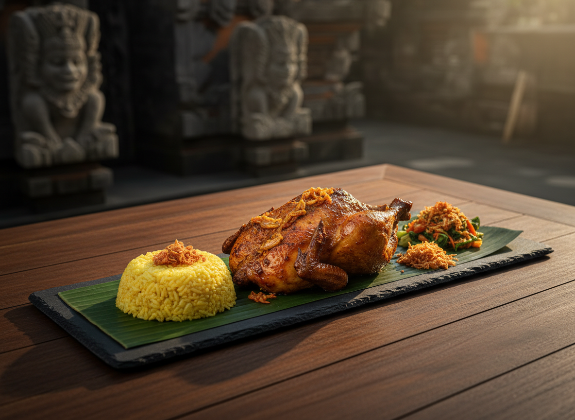 A refined presentation of betutu, Bali’s iconic slow-cooked spiced poultry, placed on a long, rectangular slate platter. The richly browned bird sits atop layered banana leaves, its skin glistening with aromatic spices, surrounded by neatly arranged sides: urap vegetables, fragrant yellow rice, and a delicate heap of fried shallots. The table beneath is a dark polished teak with visible grain. Golden hour sunlight streams in from the right, creating dramatic side lighting that accentuates contours and casts elegant shadows. The background fades into a soft bokeh of out-of-focus traditional Balinese stone carvings. Photographic realism, composed with the rule of thirds and a gourmet editorial style, evoking depth, tradition, and understated luxury.