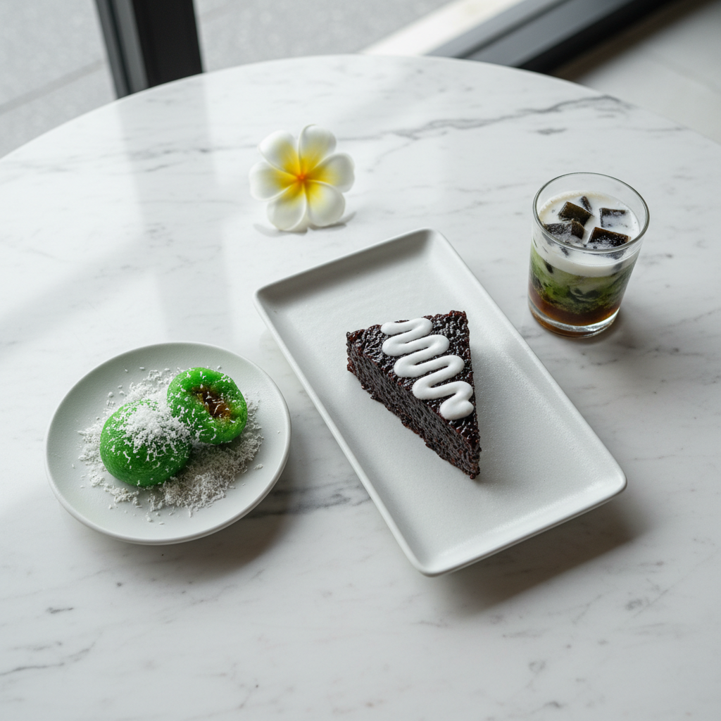 An overhead photographic view of a sophisticated Balinese dessert trio on a minimalist white marble table: a glossy slice of black rice pudding with coconut cream swirl, two perfectly formed klepon with glistening grated coconut, and a petite glass of daluman (cincau hijau) layered with palm sugar syrup and coconut milk. Each dessert is presented on small, matte white ceramic plates with clean lines. Diffused daylight from a large unseen window bathes the scene in soft, even light, minimizing harsh shadows. A single frangipani flower rests near the top edge for a subtle Balinese touch. Photographic realism with sharp focus throughout, embracing a clean, modern, high-end patisserie aesthetic that highlights the delicate colors and textures of traditional Balinese sweets.