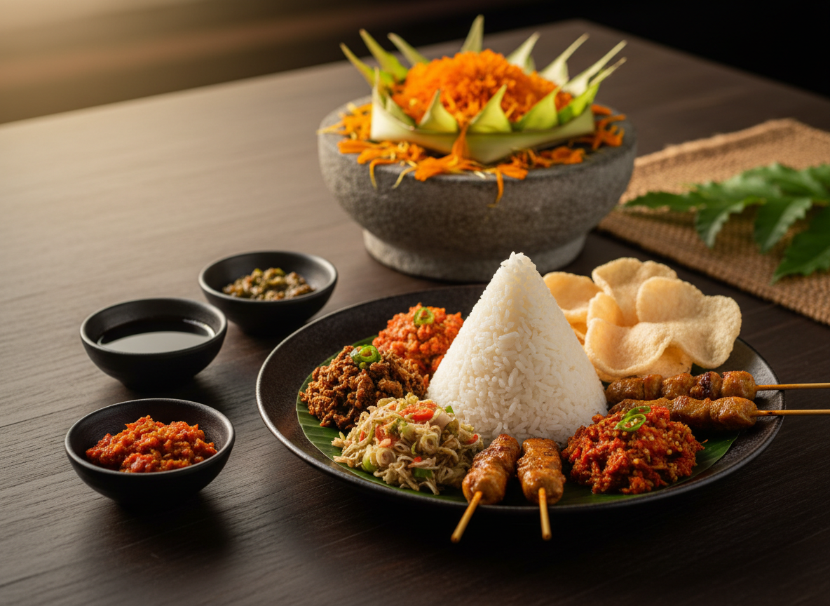 A luxurious spread of classic Balinese dishes arranged on a dark, finely grained wooden table, featuring a meticulously plated nasi campur Bali with white rice cone, glistening lawar, spicy sambal matah, satay lilit skewers, and crisp krupuk. In the background, a stone offering bowl holds bright marigold petals and tropical leaves. Soft late-afternoon natural light filters in from the side, casting gentle highlights on the glossy sauces and subtle shadows under each plate. Photographic realism, shot from a slightly elevated angle with shallow depth of field so the main plate is sharp while the background softly blurs. The mood is sophisticated yet warmly inviting, evoking a refined culinary journey across Bali’s diverse flavors.