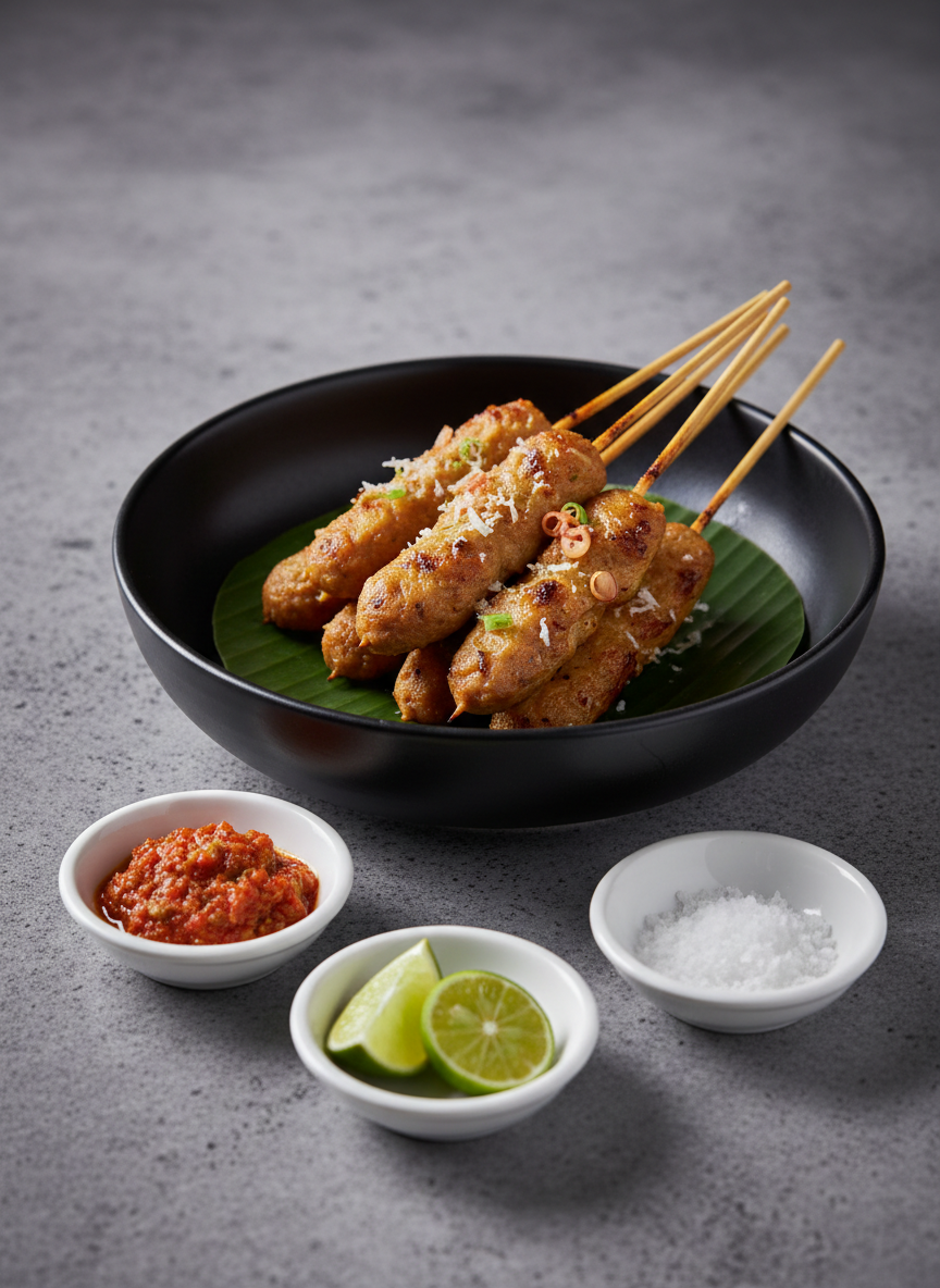 A close-up of an elegant bowl of sate lilit Bali, featuring tightly wrapped minced seafood skewers grilled to a caramelized golden brown, resting on smooth banana leaves inside a matte black ceramic bowl. Flecks of lemongrass and grated coconut are visible in the texture of the satay. Around the bowl, small minimalist dishes hold vibrant sambal matah, lime wedges, and sea salt. The scene is set on a cool gray stone countertop. Soft studio lighting from above and slightly to the side creates a polished, high-end restaurant feel with subtle reflections on the ceramics. Photographic realism, shot at eye level with a shallow depth of field, emphasizing texture and detail for a sophisticated, gourmet atmosphere.